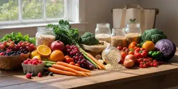 Colorful organic produce and whole grains on a wooden table, representing sustainable eating habits.