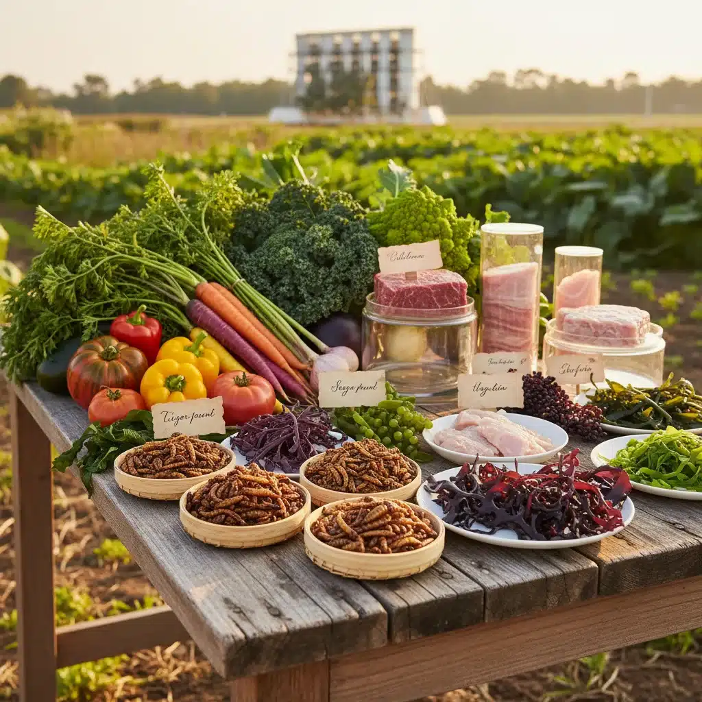 Sustainable and exotic ingredients for future main dishes, including insects and lab-grown protein.