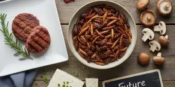 Assortment of sustainable main dish proteins for 2026, including legumes, tofu, insects, and lab-grown meat.