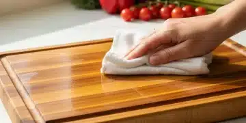 Tabla de cortar de madera impecable y bien cuidada en una cocina limpia