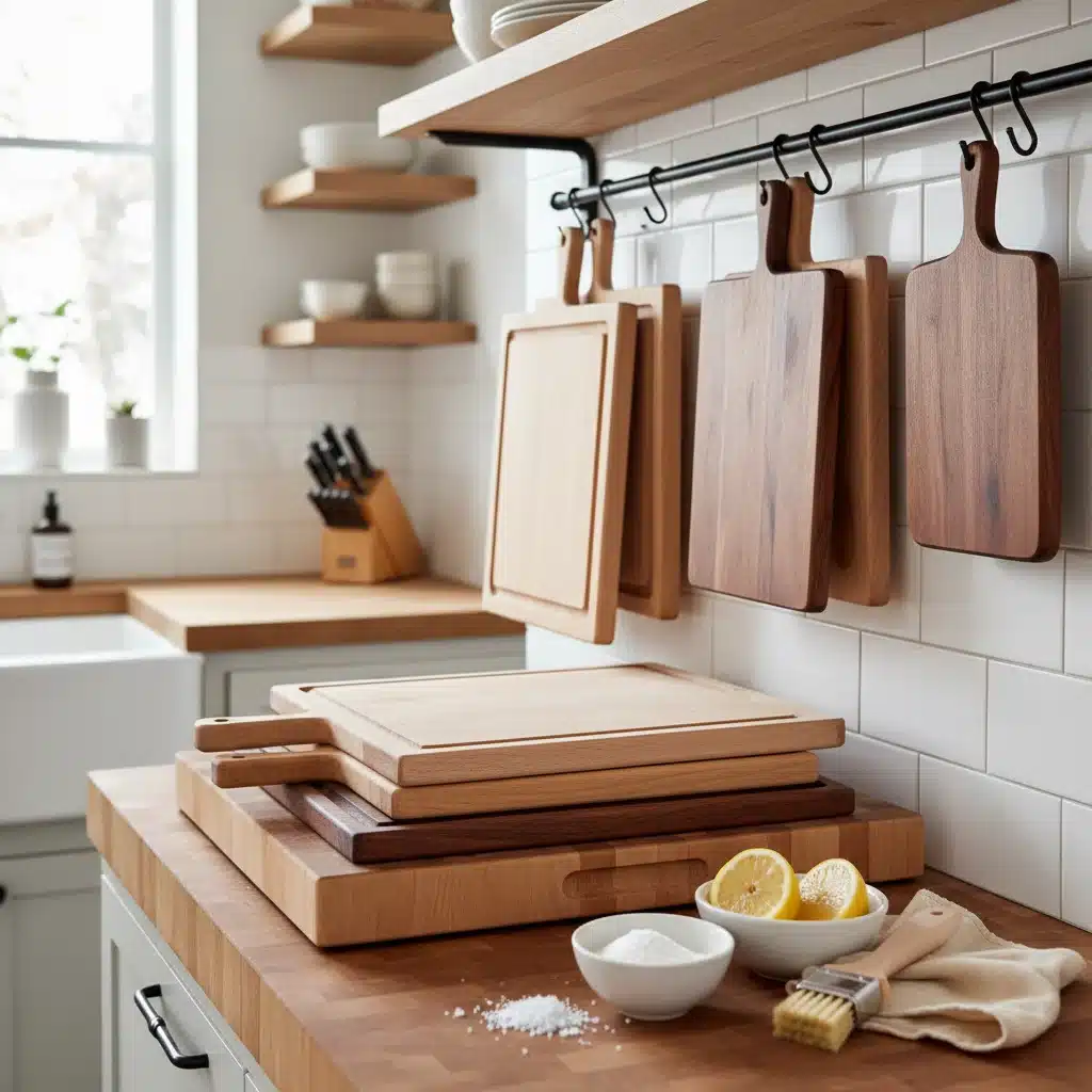 Varias tablas de cortar de madera limpias y organizadas con productos de mantenimiento