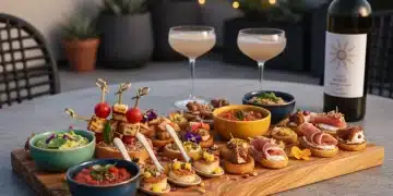 Variedade de tapas modernas coloridas e elegantemente apresentadas em uma tábua de madeira.