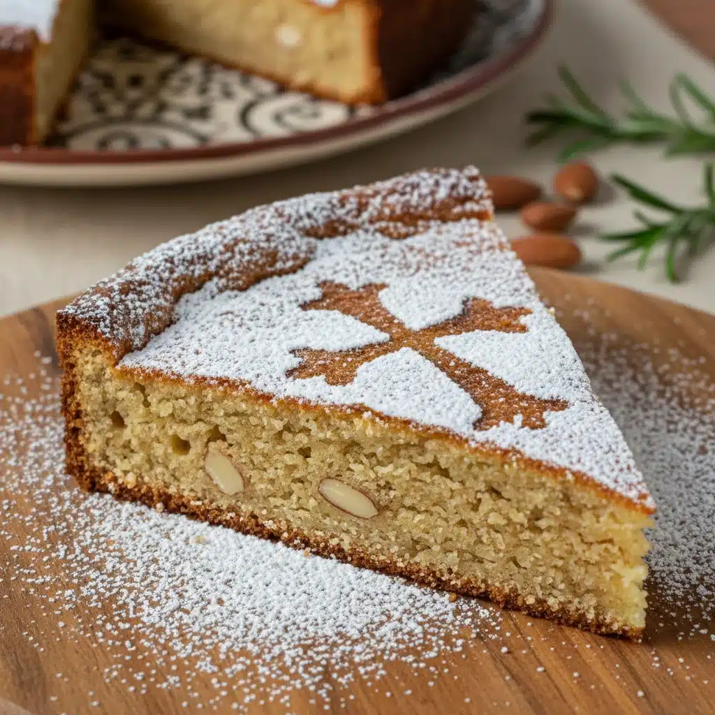 Primer plano de una porción de Tarta de Santiago sin gluten con el distintivo de la Cruz de Santiago.