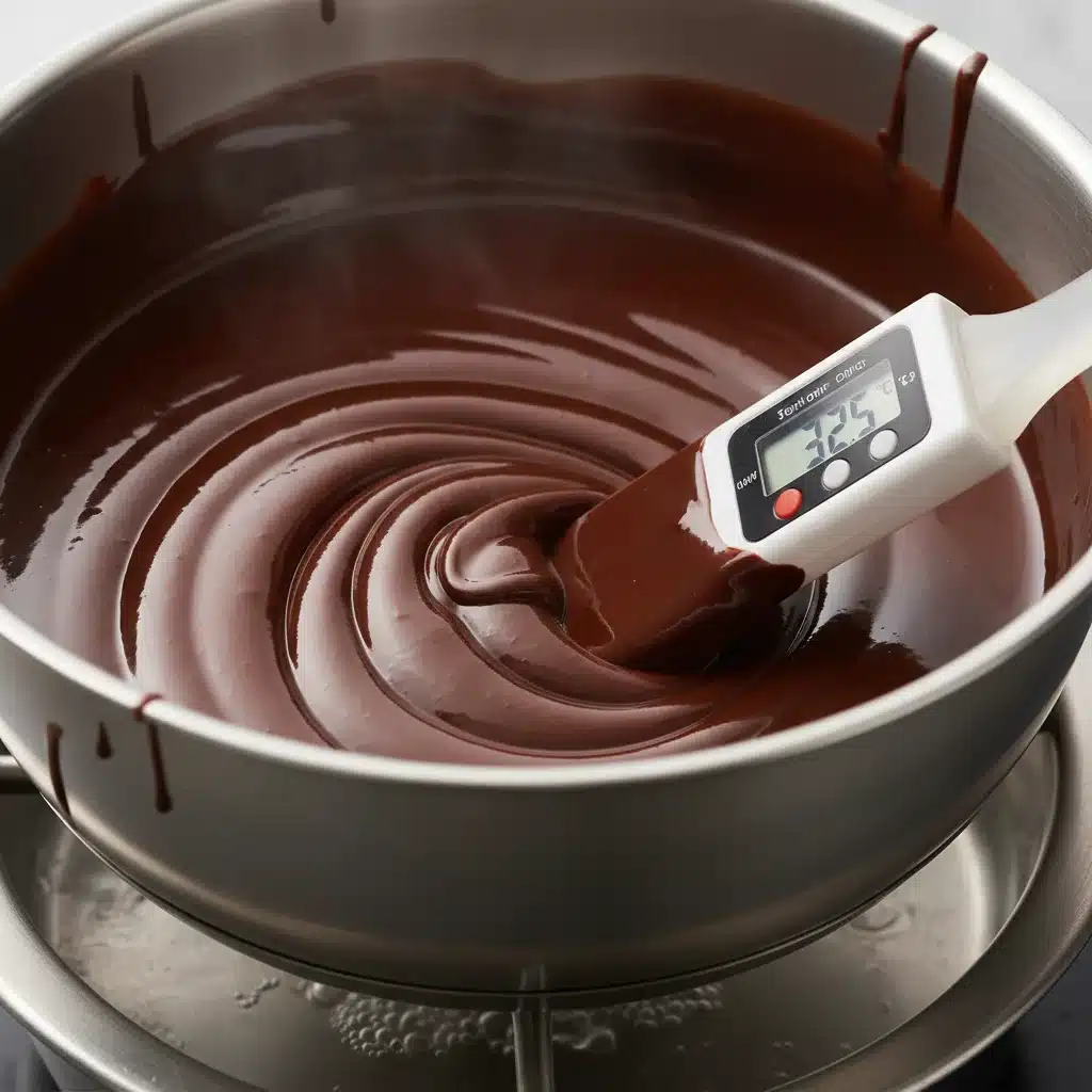 Melted dark chocolate being tempered in a double boiler for baking.