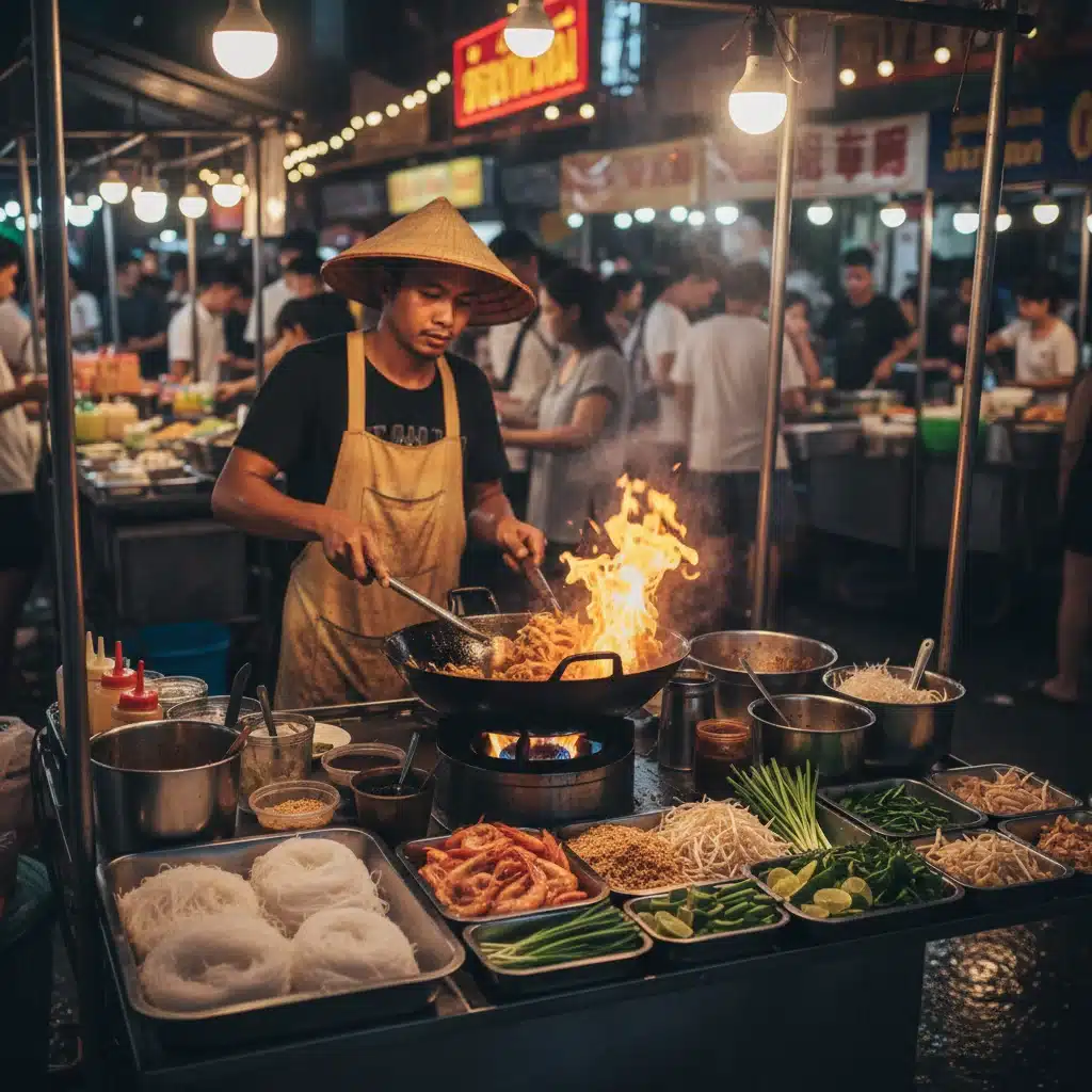 Thai street food vendor actively preparing a delicious Pad Thai with wok flames and fresh ingredients.