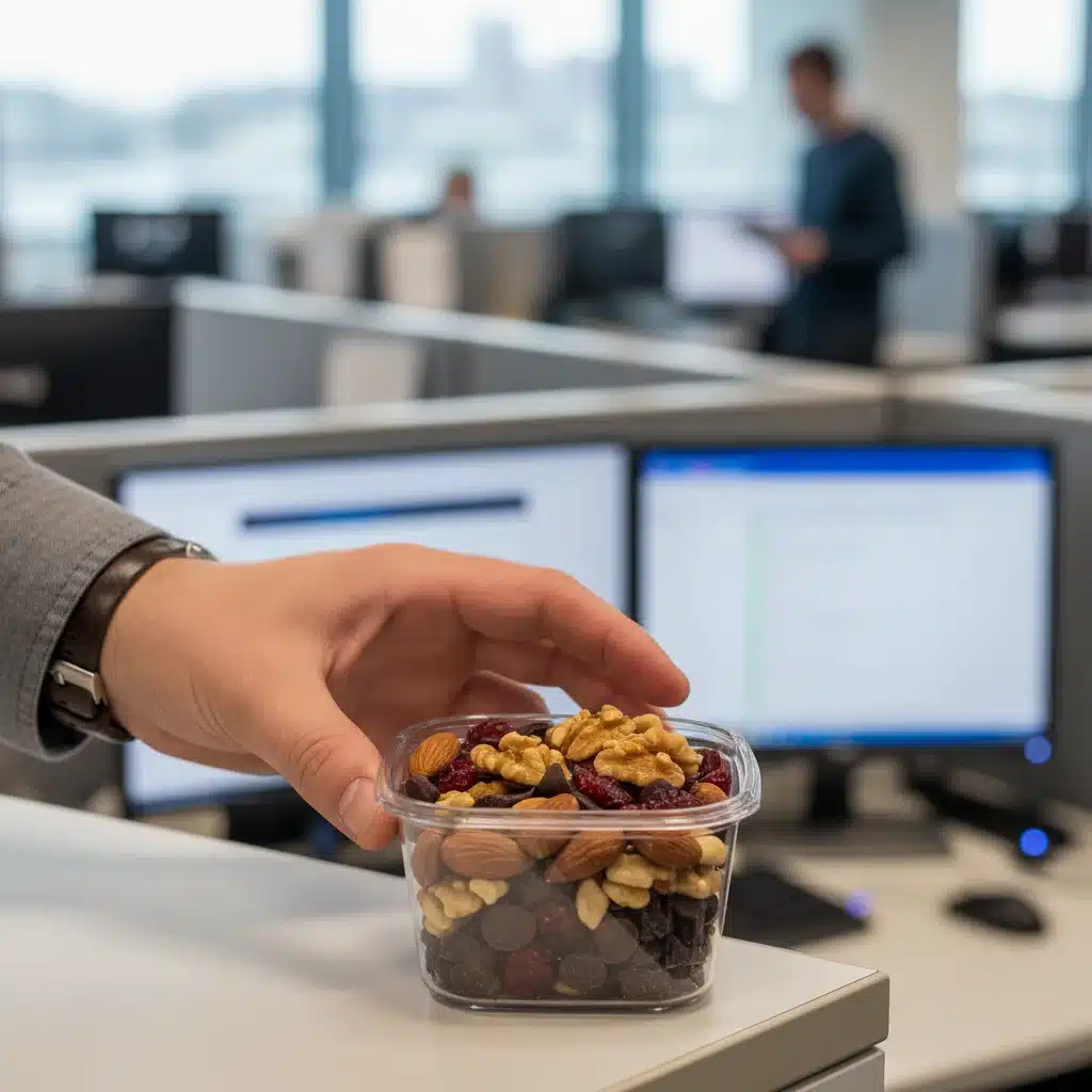 Hand reaching for a healthy trail mix container in a busy office setting.