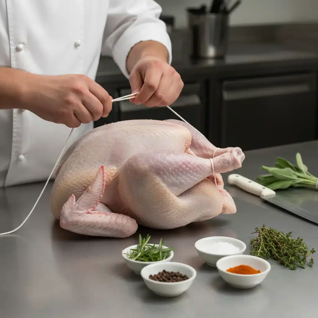 Chef trussing raw turkey with kitchen twine