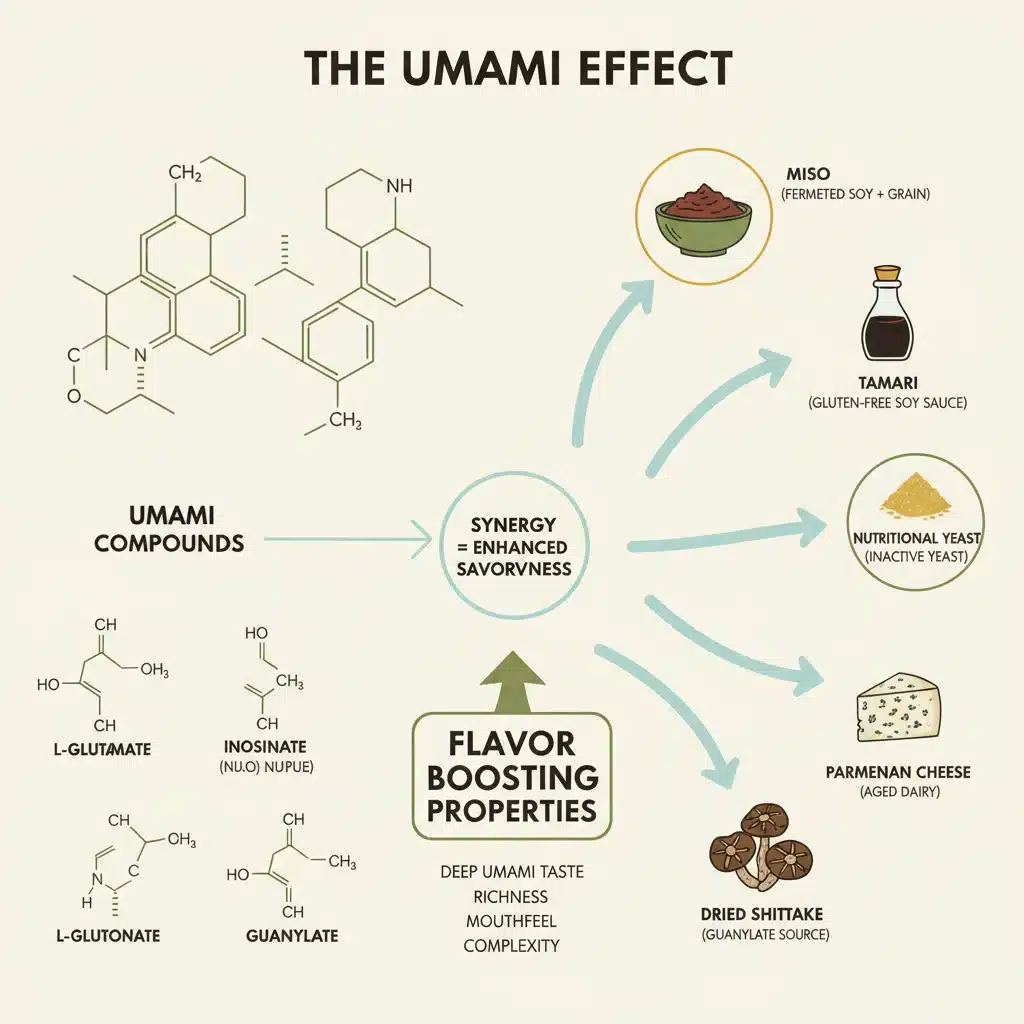 Infographic explaining umami and fermented ingredients for plant-based flavor