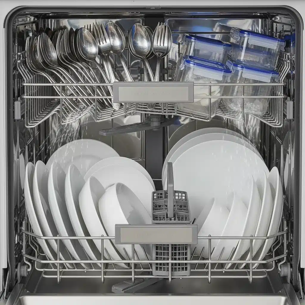 Cubertería de acero inoxidable y platos de cerámica limpios y secos en un lavavajillas moderno.