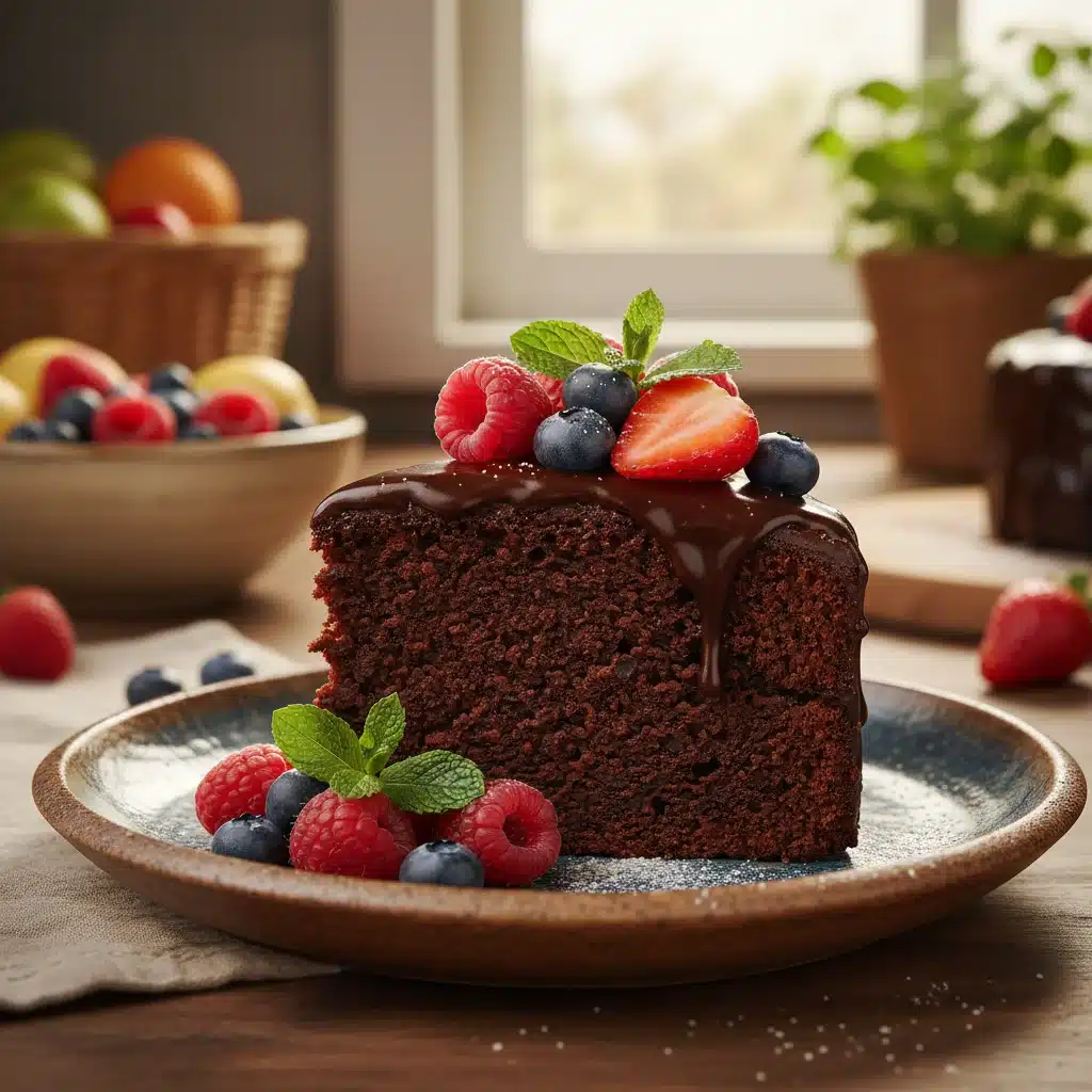 Delicious slice of vegan chocolate cake with berries