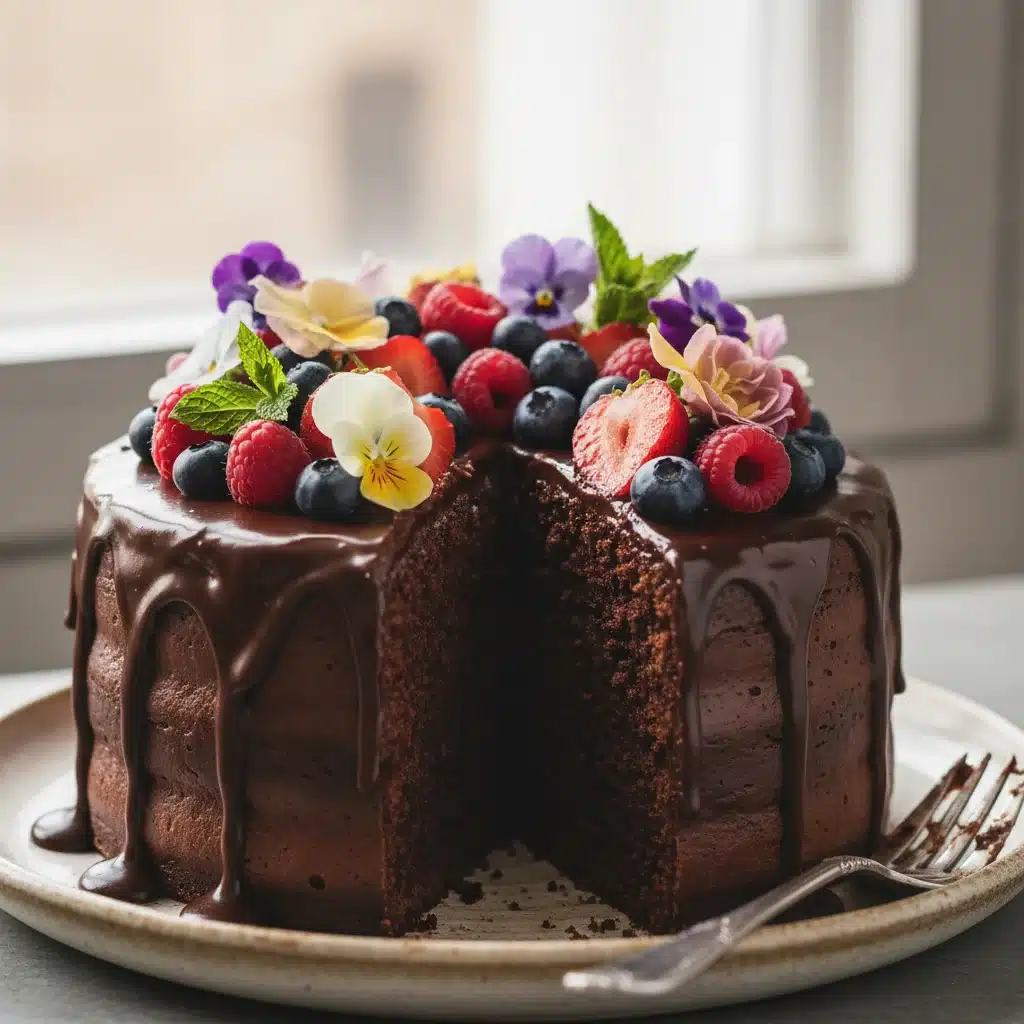 Decadent vegan chocolate cake with ganache and fresh berries
