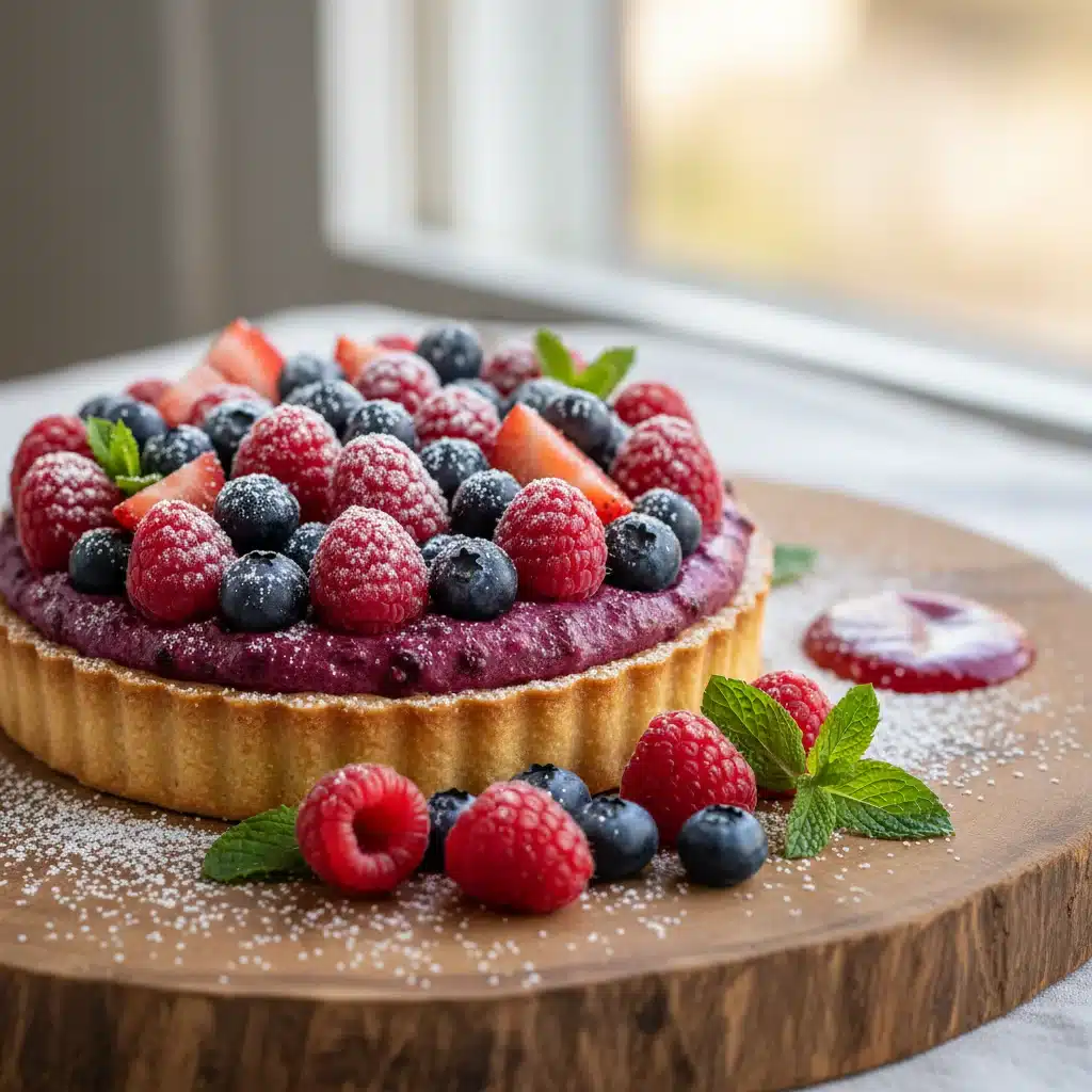 Delicious vegan berry tart sweetened with plant-based alternatives.