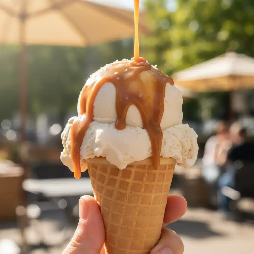 Hand holding a scoop of creamy vegan ice cream in a waffle cone
