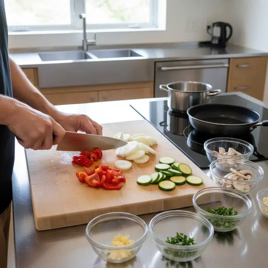 Efficiently chopping fresh vegetables for meal prep, organized kitchen setup.
