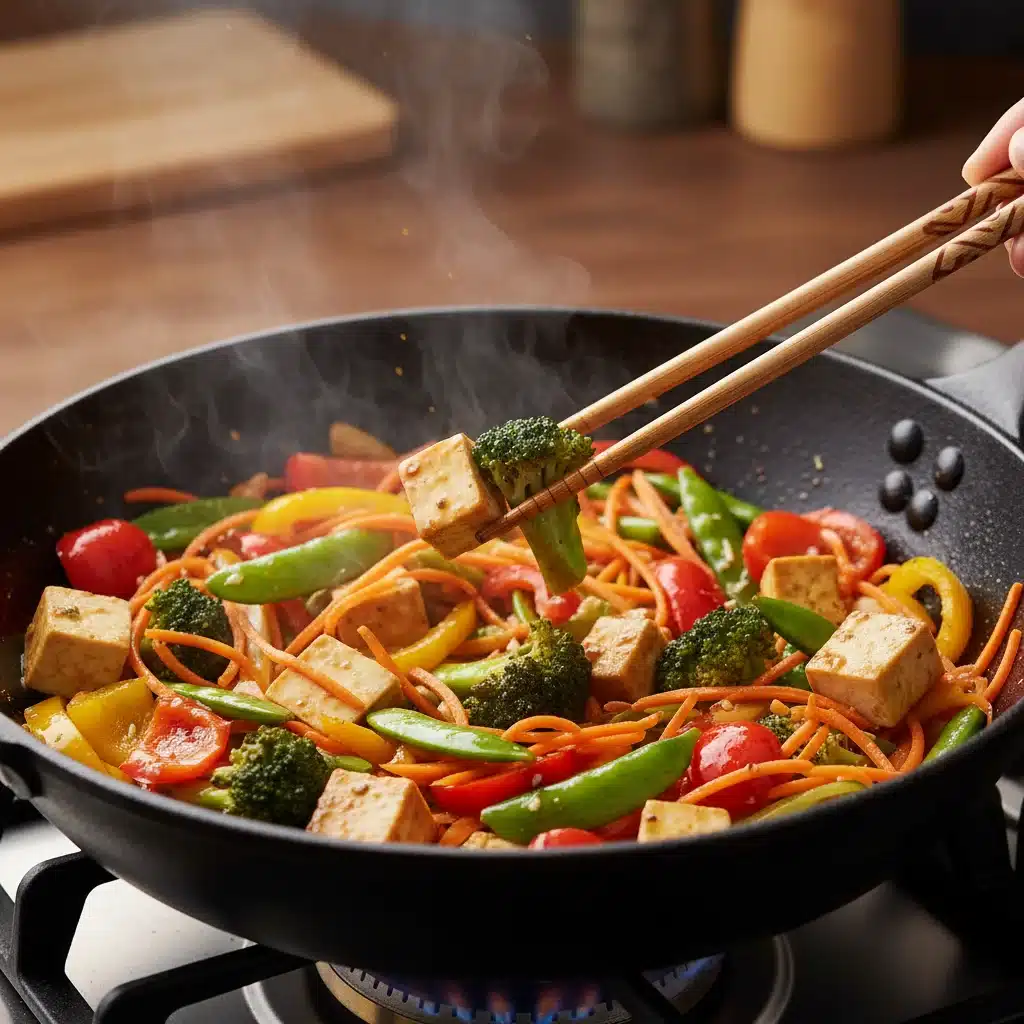 Vibrant vegetable and tofu stir-fry cooking in a wok, ready to be served.