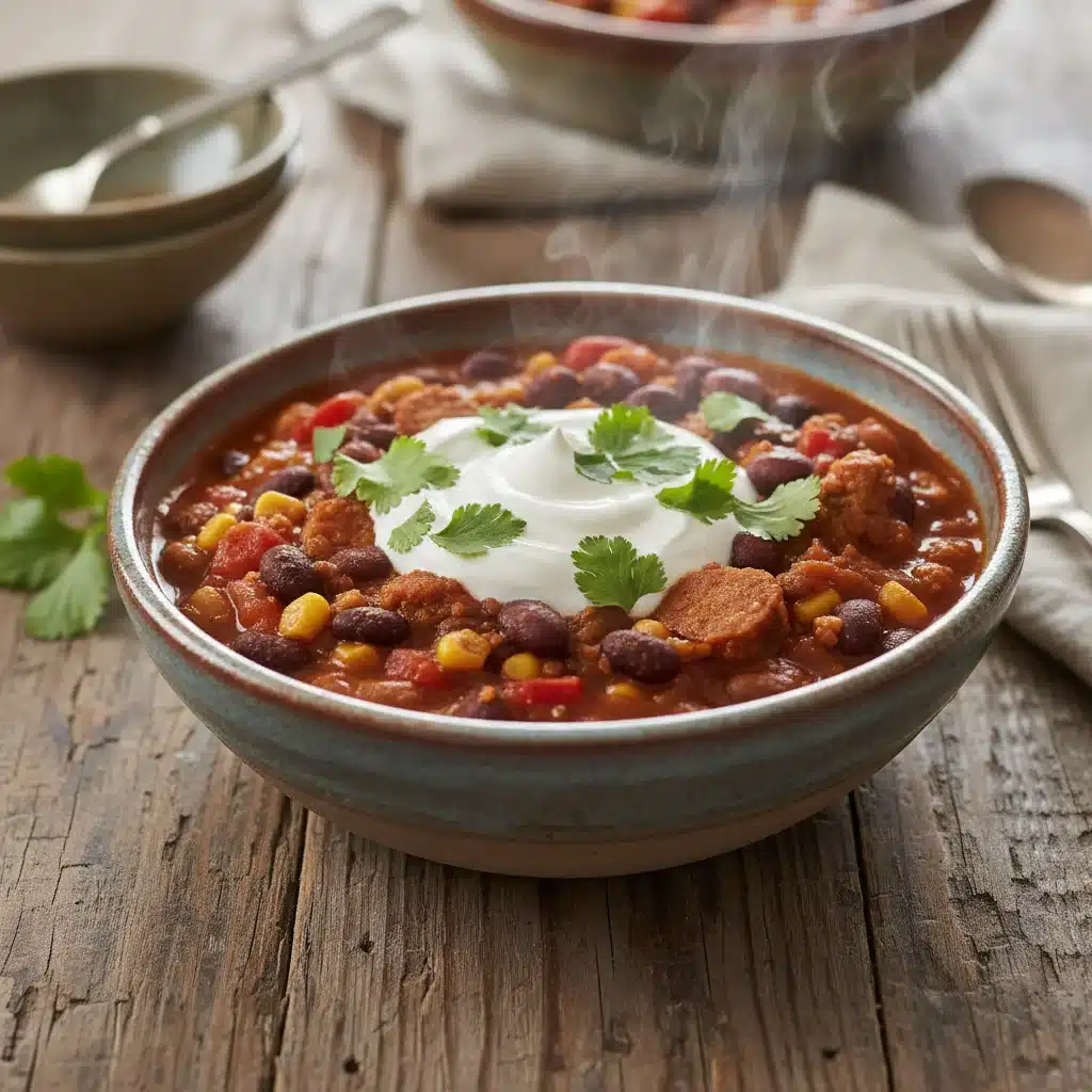 Delicious and hearty quick vegetarian chili served in a bowl, garnished with fresh cilantro.
