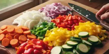 Variedad de verduras frescas cortadas en una tabla de madera, listas para cocinar.