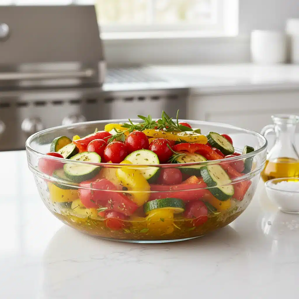 Variedad de verduras frescas marinando en un cuenco de cristal, listas para cocinar, destacando la versatilidad de los marinados.