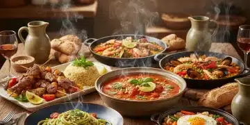 Assortment of vibrant global main dishes on a wooden table, showcasing diverse international flavors.