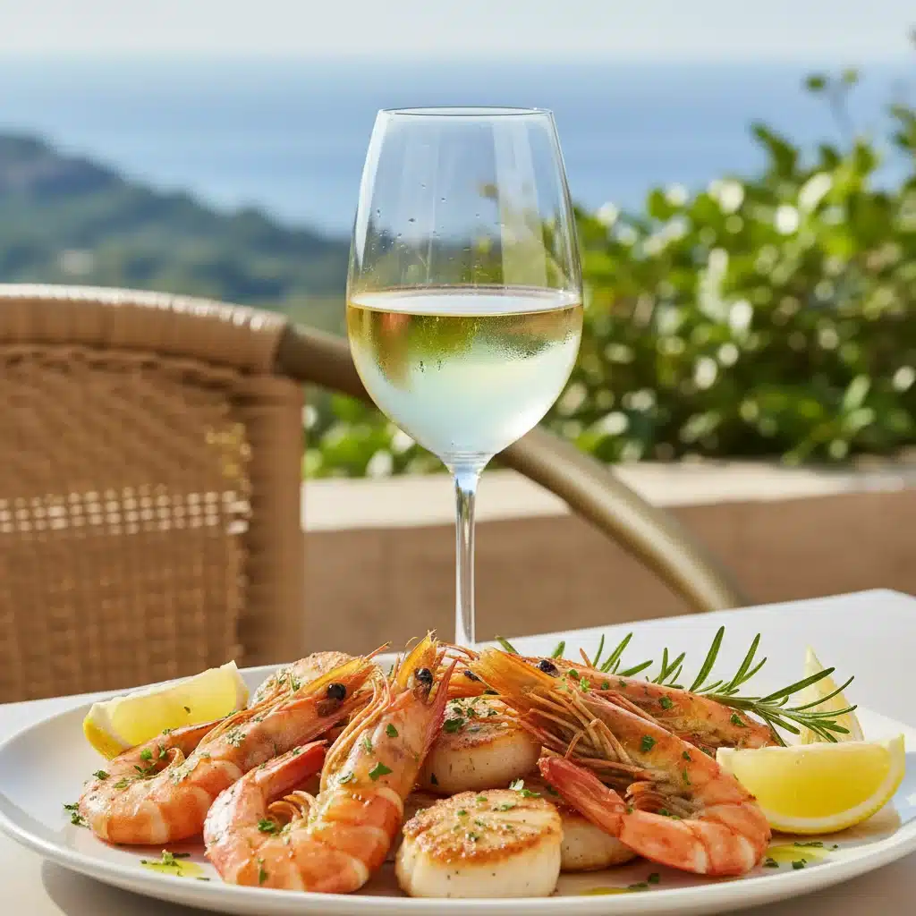 Taça de vinho Albariño branco com um prato de frutos do mar grelhados, limão e ervas frescas.