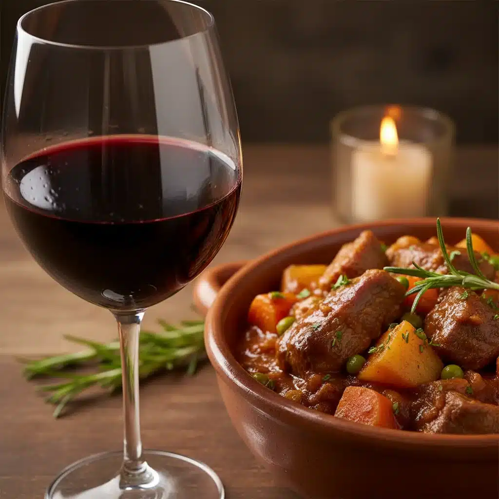 Copo de vinho Rioja tinto ao lado de um ensopado de cordeiro cozido lentamente, mostrando a harmonização perfeita.
