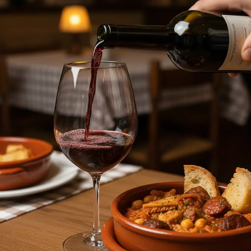Vino tinto siendo servido junto a un guiso tradicional español, destacando el maridaje.