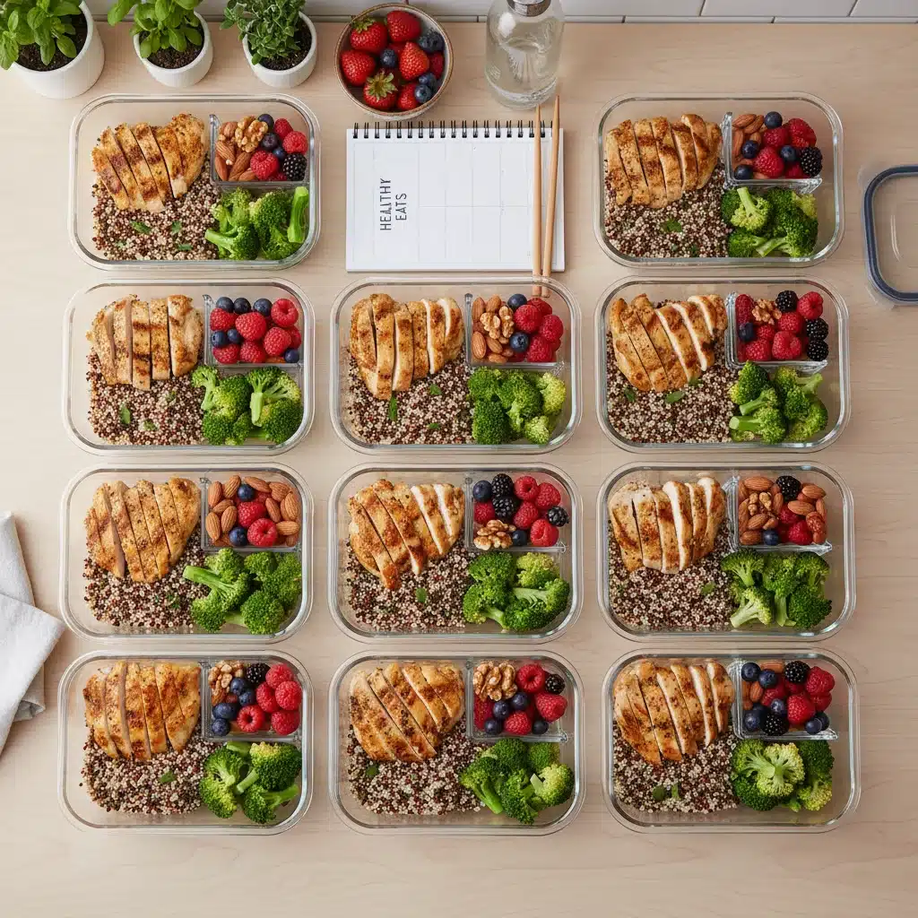Organized weekly meal prep containers with balanced healthy food choices for athletes.