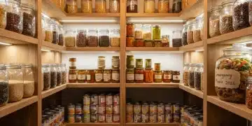 Well-stocked pantry shelves with emergency quick meal ingredients