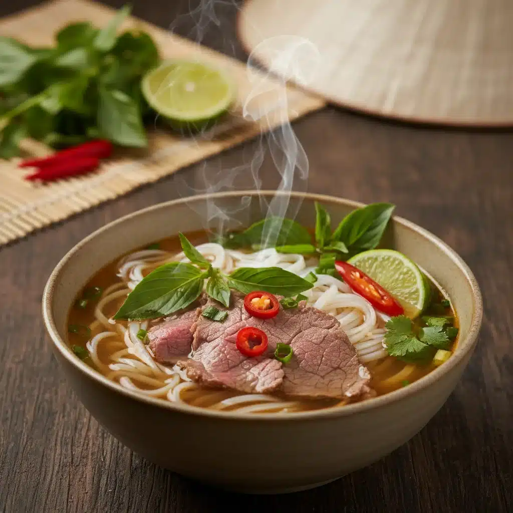 Steaming bowl of authentic Vietnamese Pho with beef, noodles, and fresh herbs.