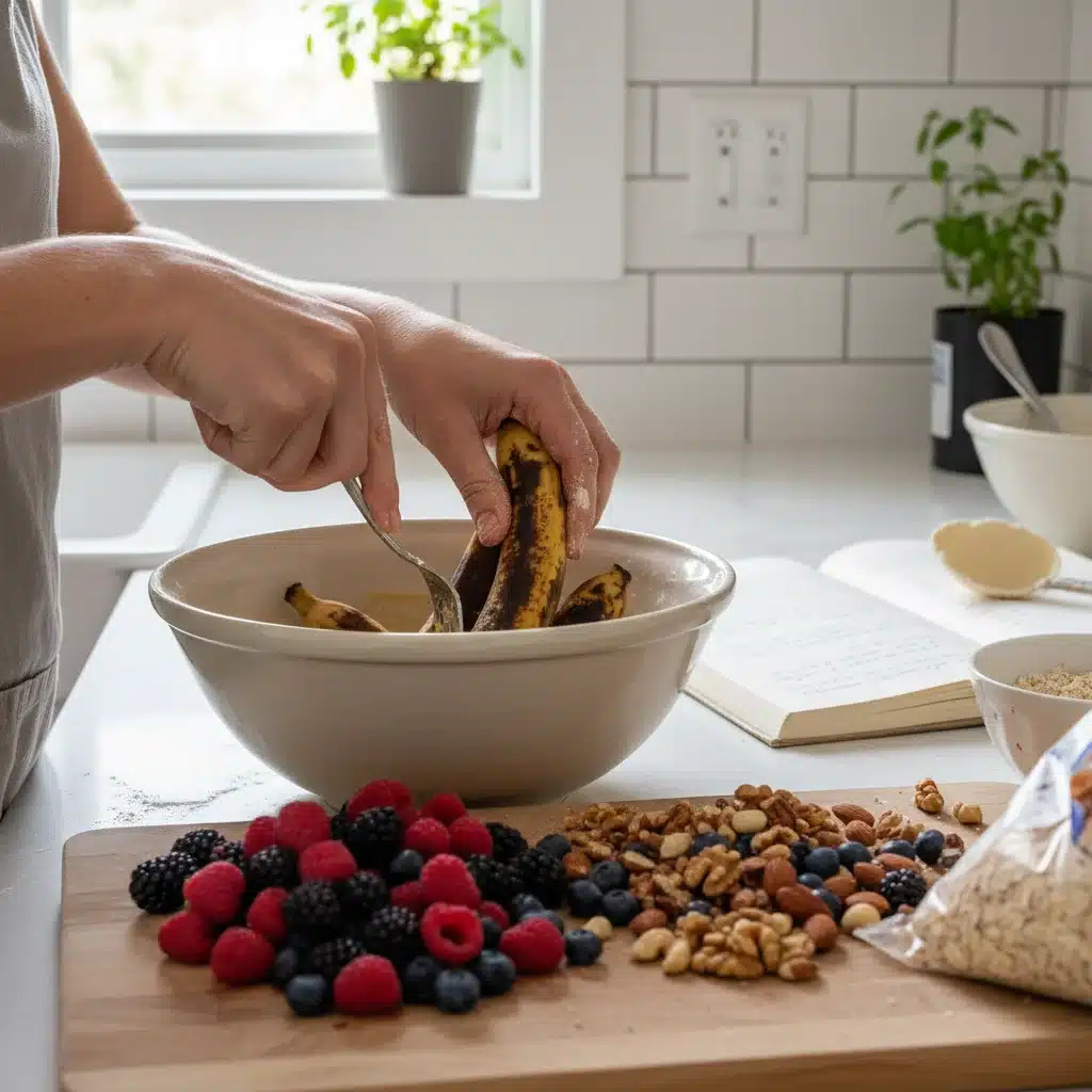 Baker's hands making banana bread with overripe bananas, showcasing food waste reduction