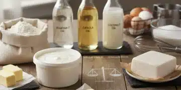 Assortment of baking fats like butter, shortening, and oils on a wooden table with baking ingredients.