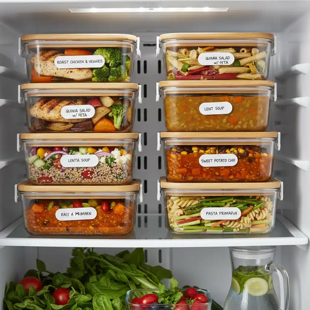 Batch-cooked meals stored in glass containers inside a clean refrigerator, ready for the week.