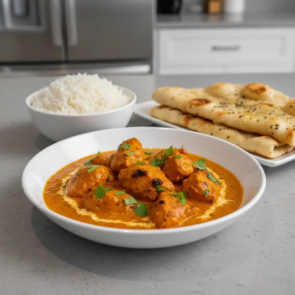 Delicious Indian Chicken Tikka Masala with basmati rice and naan bread.