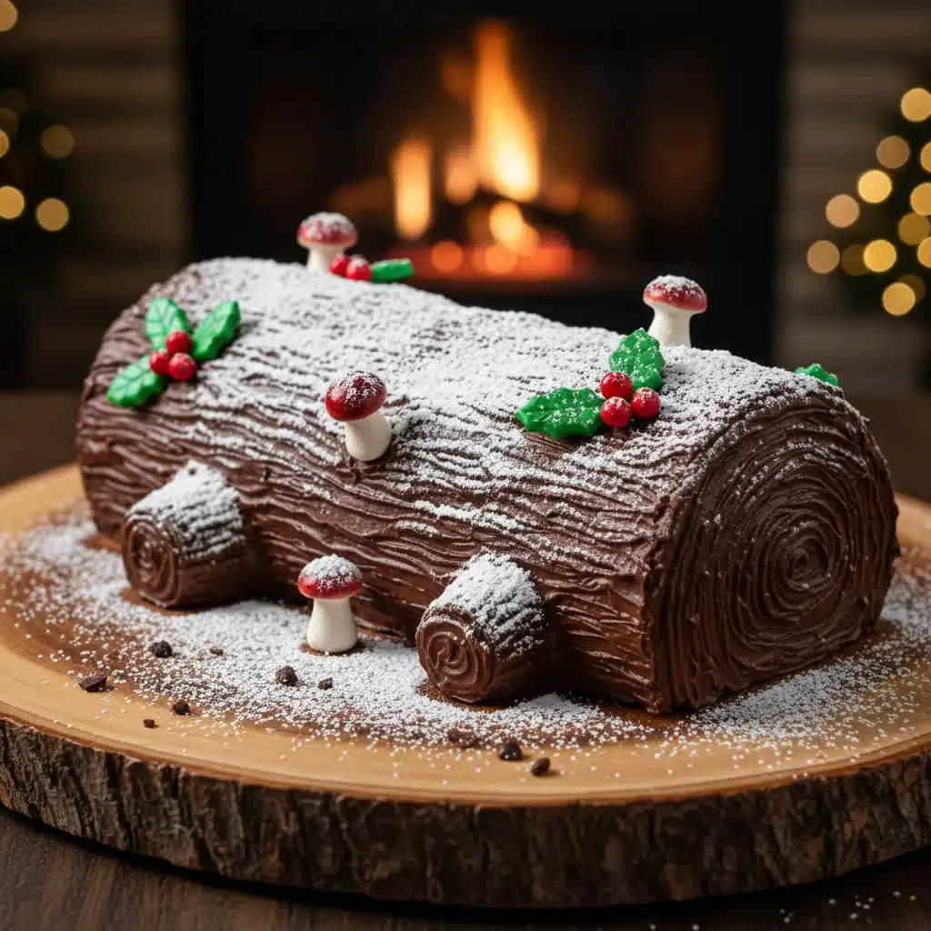 Decadent chocolate Yule Log cake with powdered sugar and edible decorations.
