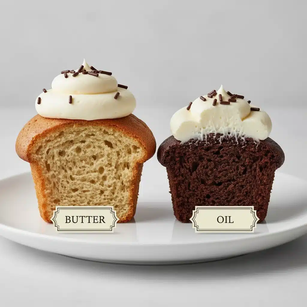 Two cupcakes side-by-side, one taller and lighter, the other denser, illustrating fat's impact on volume.