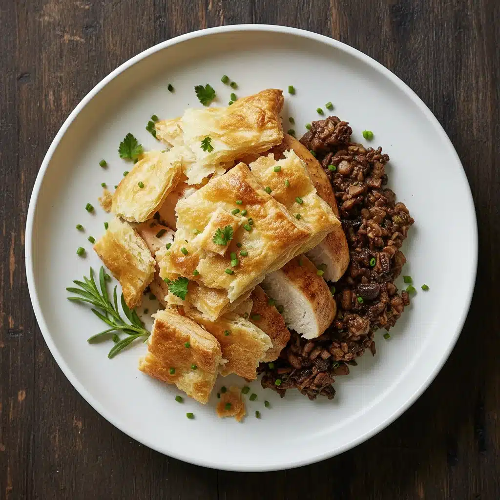 Deconstructed chicken wellington with puff pastry and mushroom duxelles