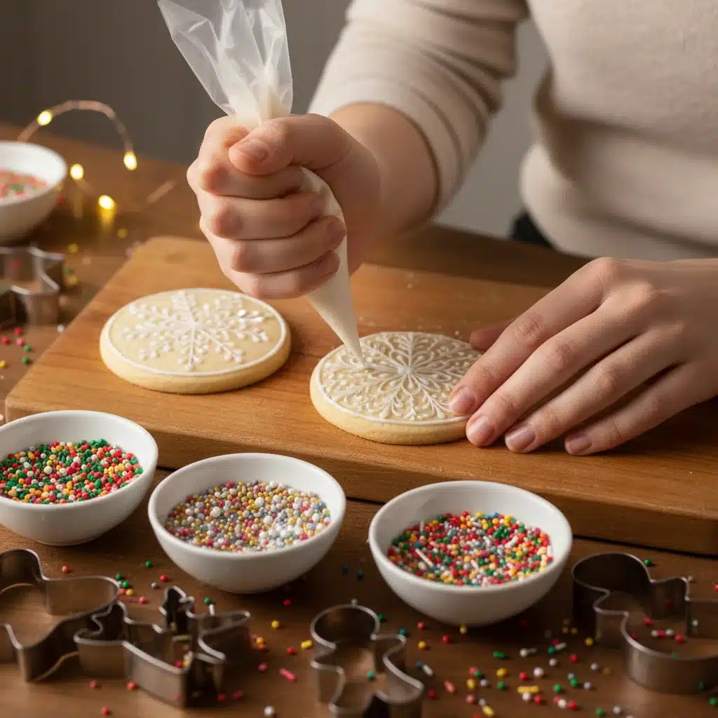 Hands decorating festive sugar cookies with royal icing and sprinkles.