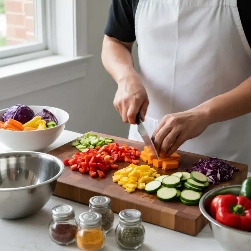 Person quickly chopping colorful vegetables for meal prep, demonstrating efficient kitchen techniques.