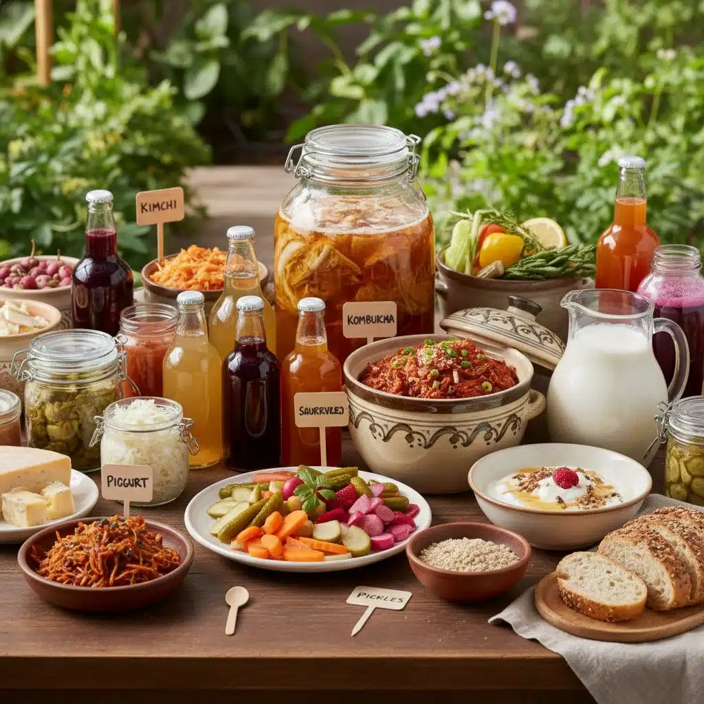 Assortment of fermented foods and probiotics for gut health.