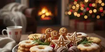 Assorted festive holiday sweets platter with gingerbread, shortbread, and truffles.