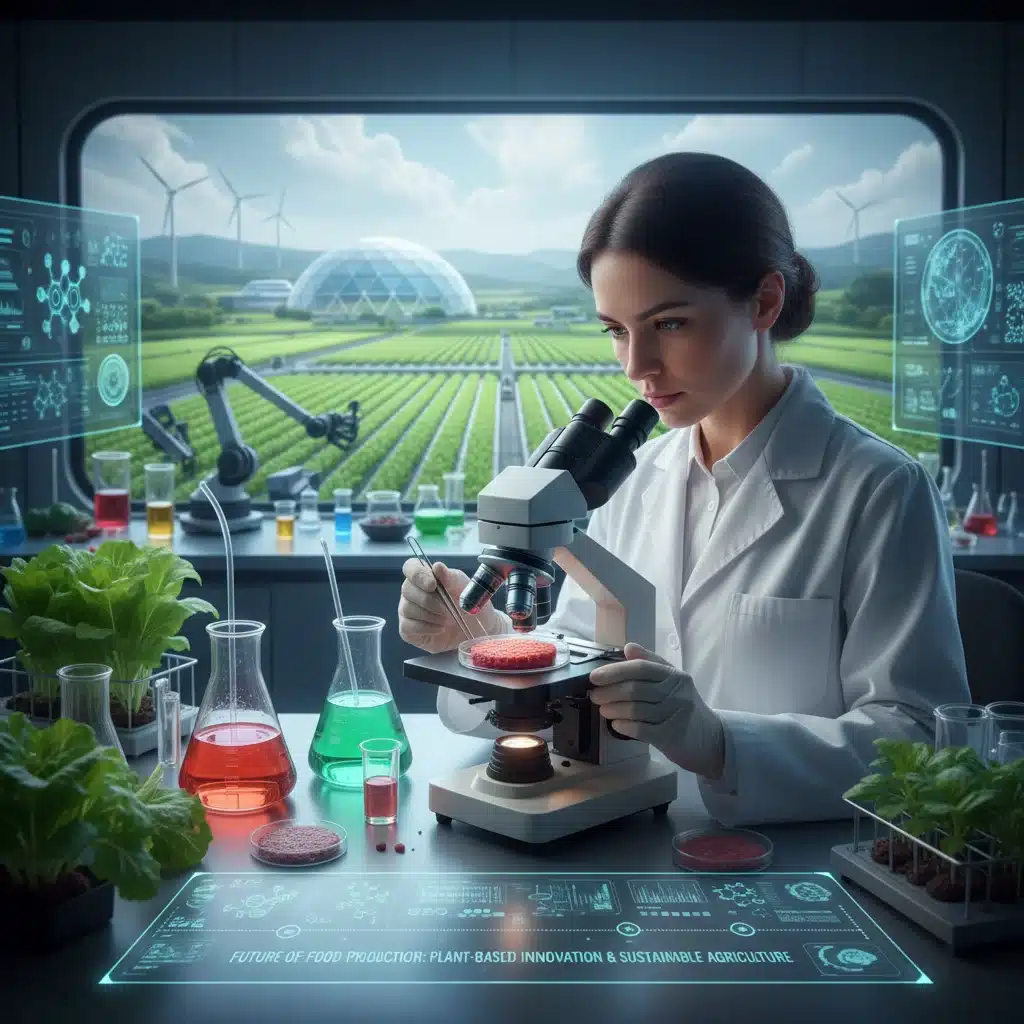 Scientist researching plant-based food innovation and sustainable agriculture.