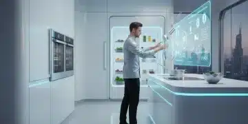 Futuristic kitchen with smart appliances and holographic cooking interface