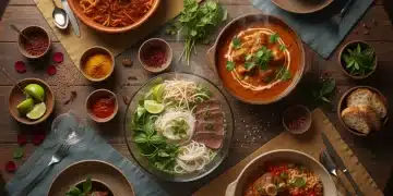 Four diverse global main dishes arranged on a rustic wooden table, showcasing vibrant international flavors.