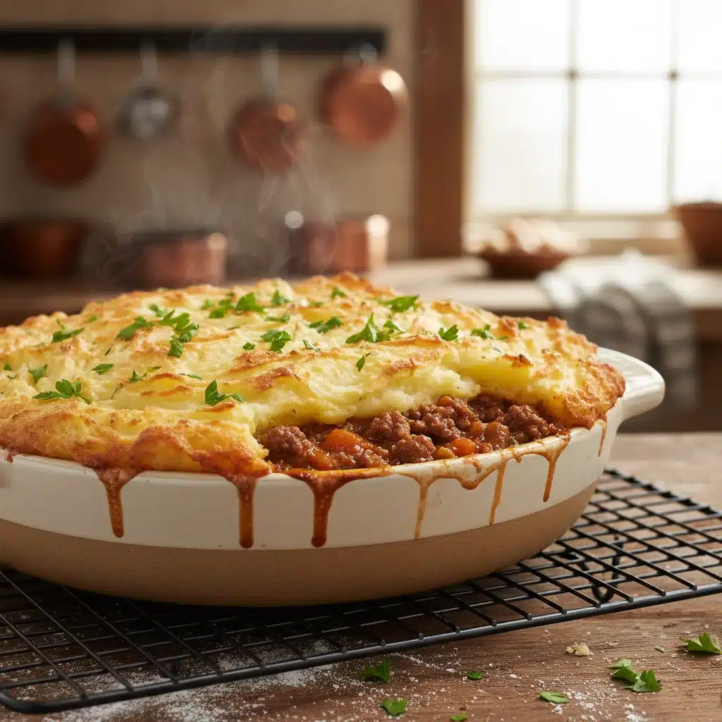 Golden brown shepherd's pie with mashed potato topping.