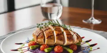 Gourmet chicken main dish, artfully plated with fresh ingredients