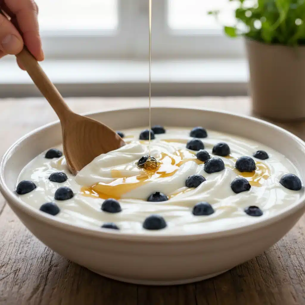Hand stirring Greek yogurt with blueberries and honey for gut health.