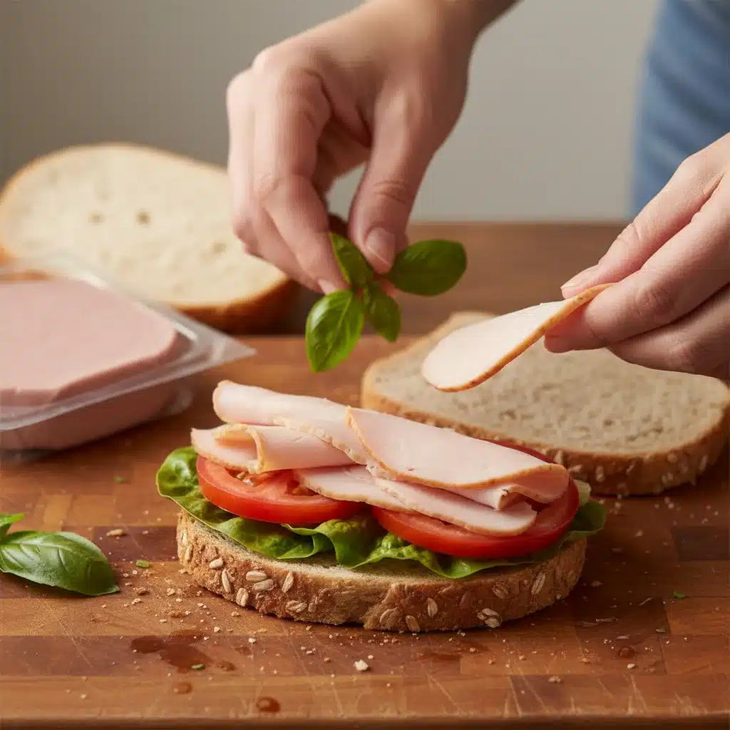 Hands assembling a healthy sandwich with whole-wheat bread and lean protein.