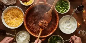Hearty chili in a large pot, ready to serve a crowd economically.