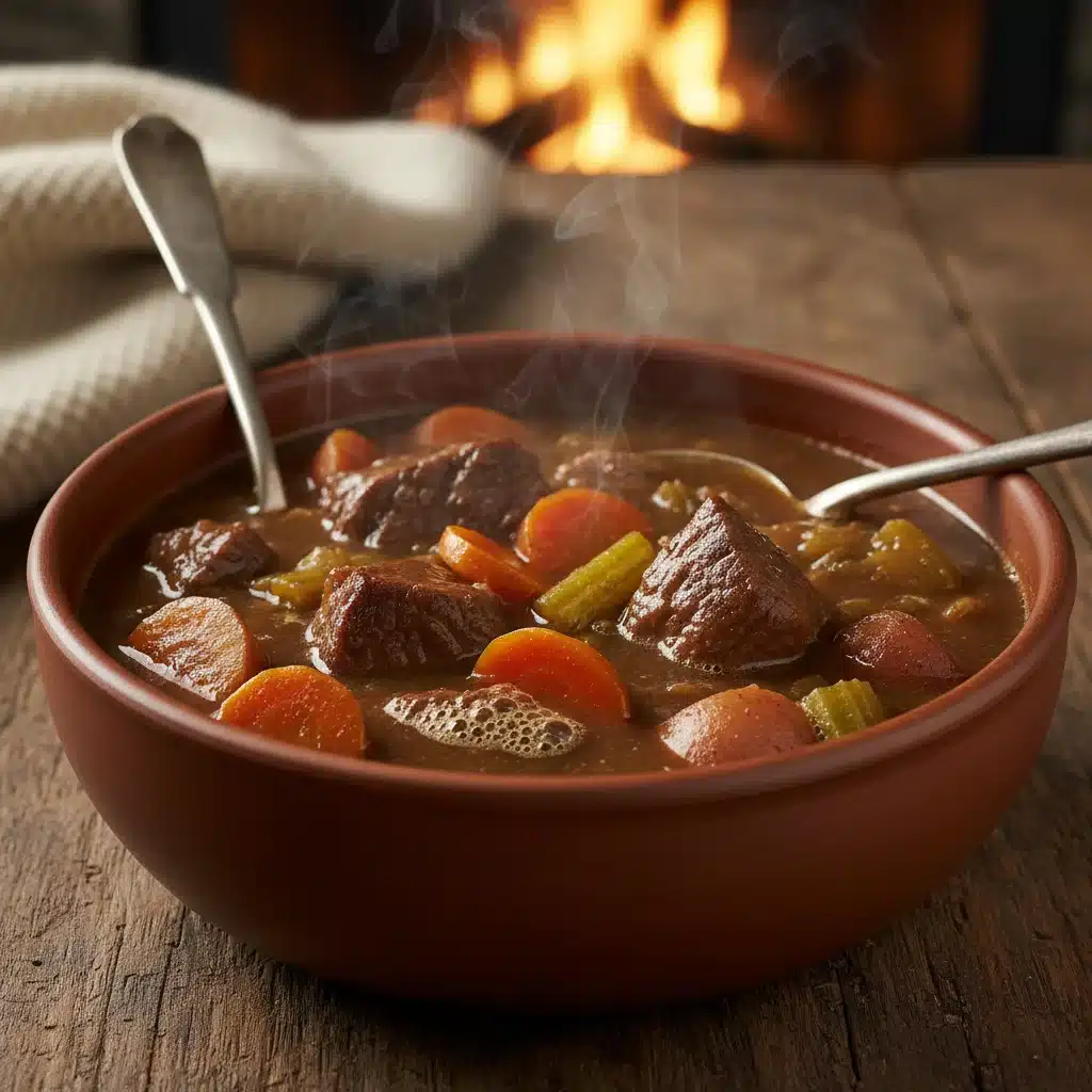 Hearty one-pot beef stew with vegetables in a rustic ceramic bowl.