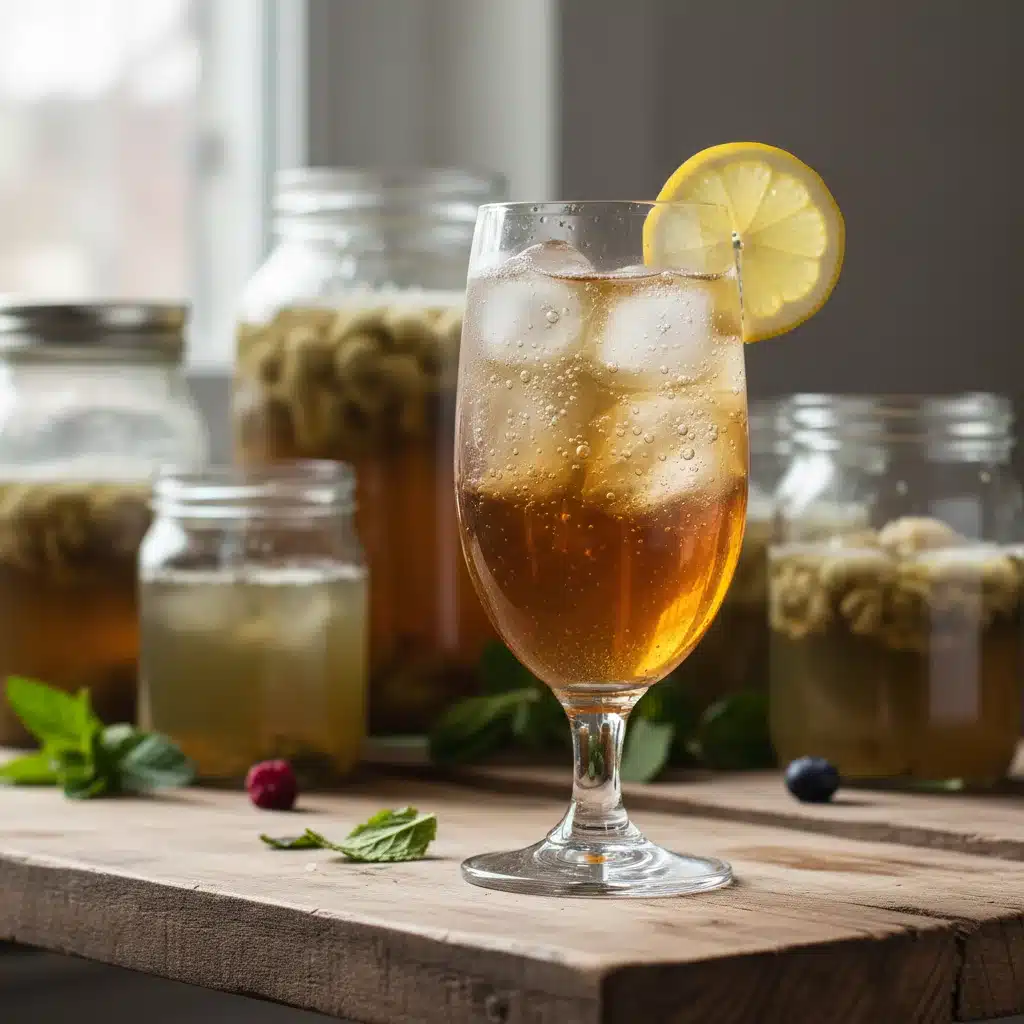 Refreshing glass of homemade kombucha with lemon and ice.